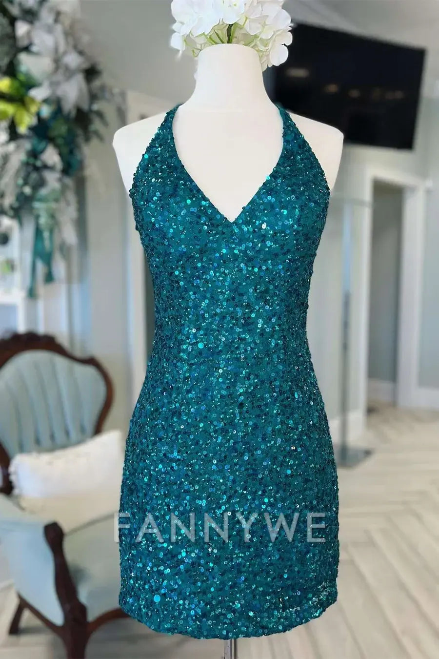 FannyWe Simple Teal Green Sequin V-Neck Cross-Back Short Homecoming Dress formal wear dresses